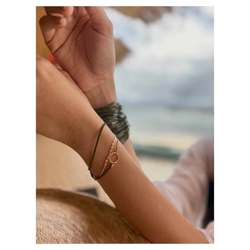 Bracelet Femme Flowers for Zoé TABATHA en argent doré et cuir olive 18 CM