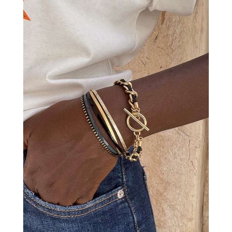 Bracelet Femme Flowers for Zoé Artiste Noir Désir en argent et cuir 17 CM