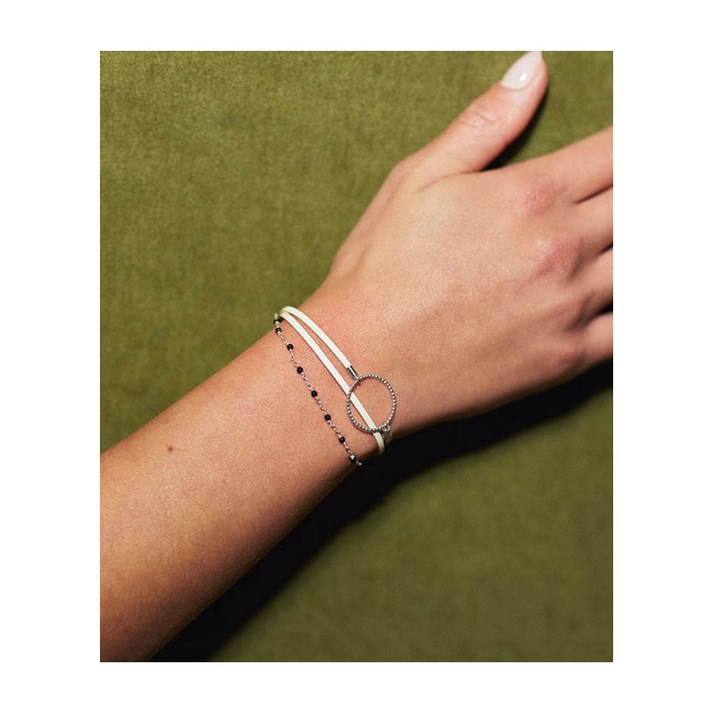 Bracelet Femme Flowers for Zoé Enola en argent et cuir noir avec agates noires 18 CM