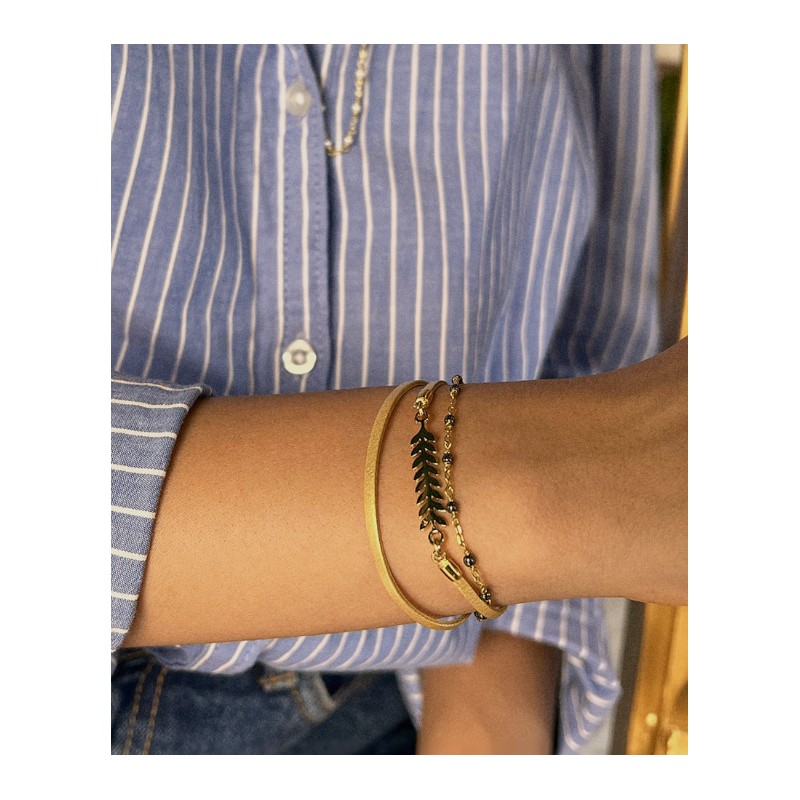 Bracelet Femme Flowers for Zoé Serendi en argent doré cuir et hematites 17 CM