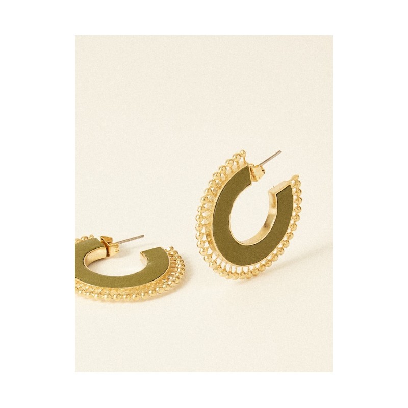 Boucles d'oreilles Demi créoles Flowers for Zoé Léo en argent doré et vert olive