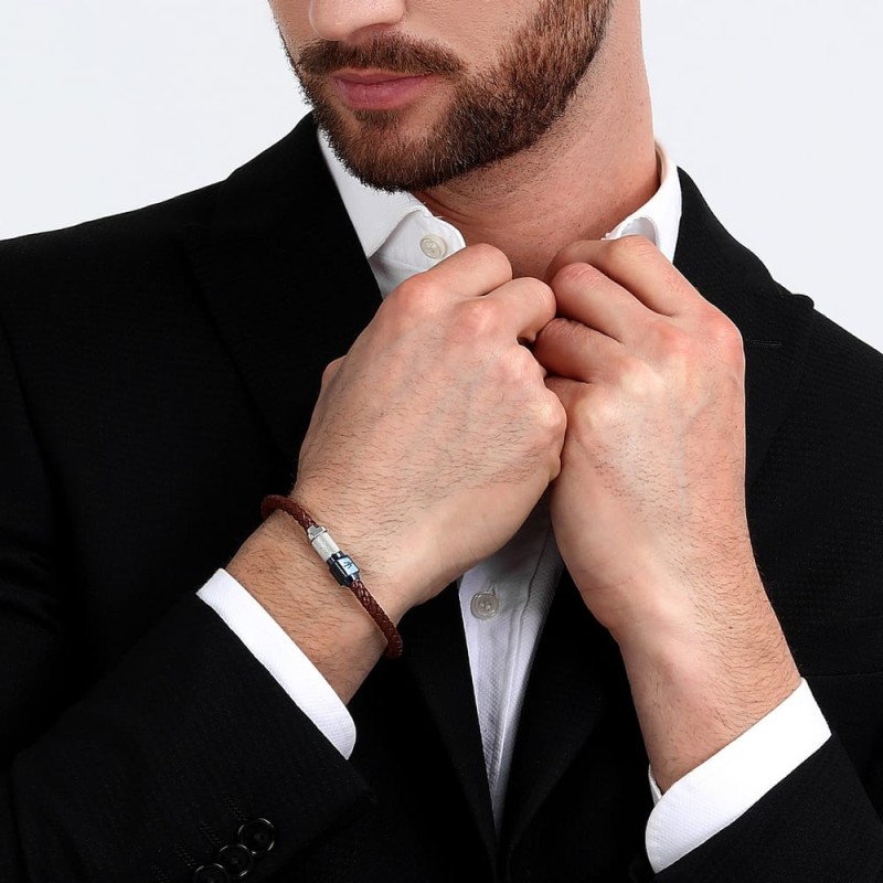 Bracelet Maserati Homme en acier argenté cuir marron