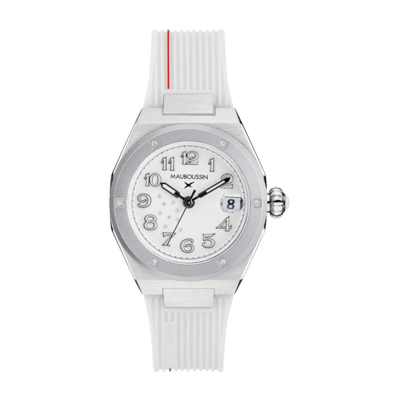 Montre KAB Femme Mauboussin en acier avec diamants et bracelet en silicone blanc