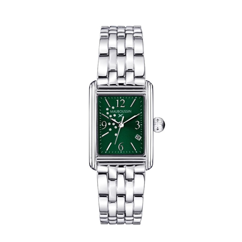 Montre Rue Colette verte Femme Mauboussin en acier avec diamants et bracelet argenté