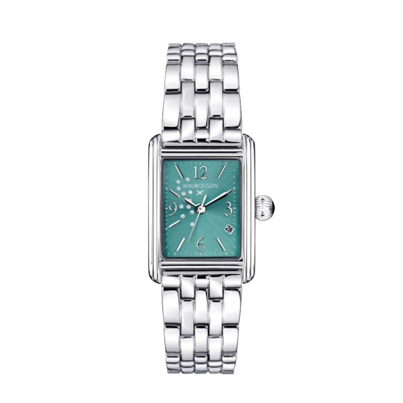 Montre Rue Colette turquoise Femme Mauboussin en acier avec diamants et bracelet argenté