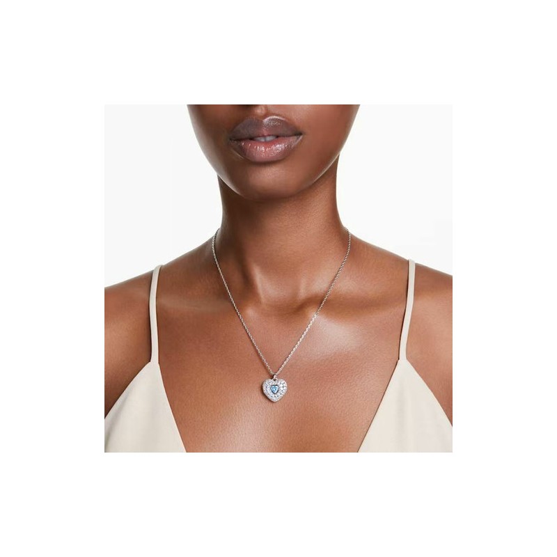 COLLIER FEMME SWAROVSKI HYPERBOLA HEART METAL ARGENTE CRISTAUX BLANCS ET BLEU