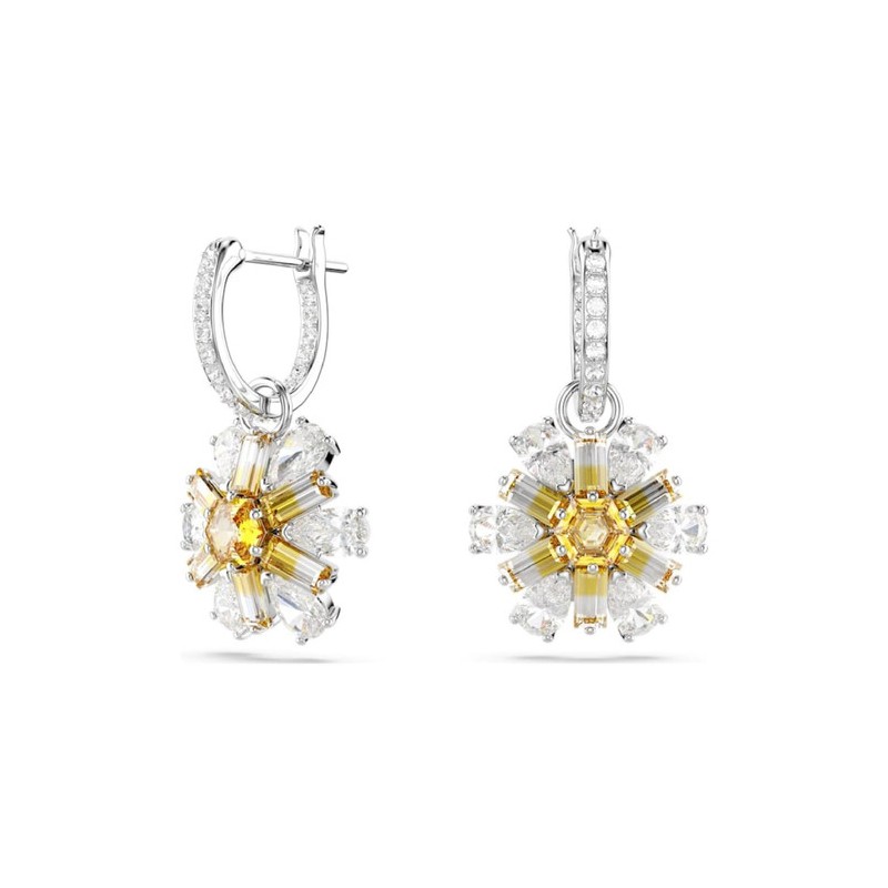 BOUCLES D OREILLES FEMME SWAROVSKI IDYLLIA METAL ARGENTE CRISTAUX BLANC ET JAUNE
