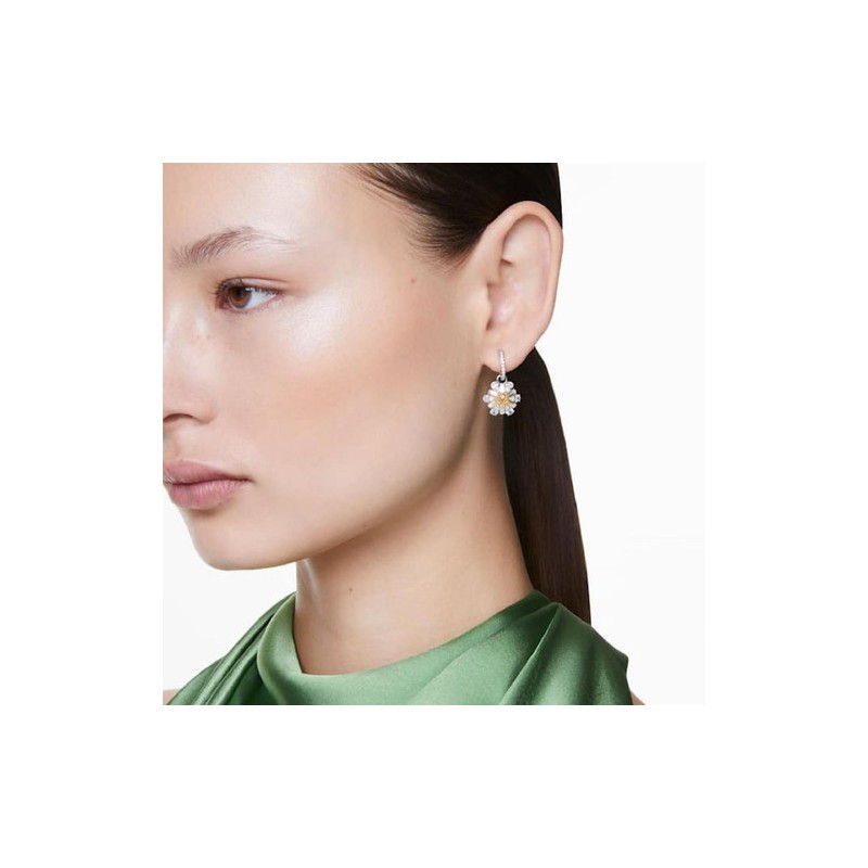 BOUCLES D OREILLES FEMME SWAROVSKI IDYLLIA METAL ARGENTE CRISTAUX BLANC ET JAUNE