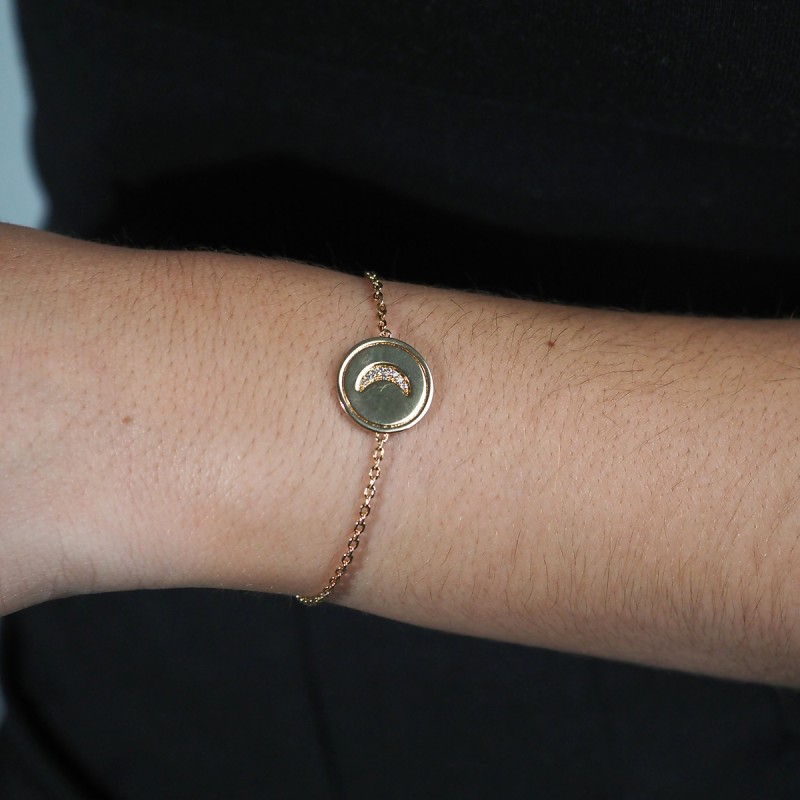 Bracelet Femme Carador en Plaqué Or et Oxydes de zirconium plaque ronde Motif  lune Maille forçat