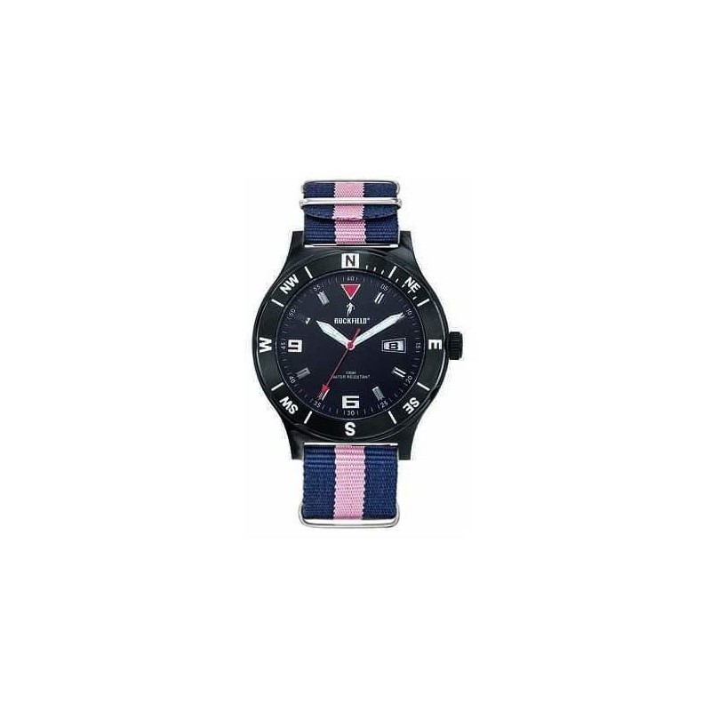 Montre Homme Ruckfield acier noir bracelet en tissu rose et bleu