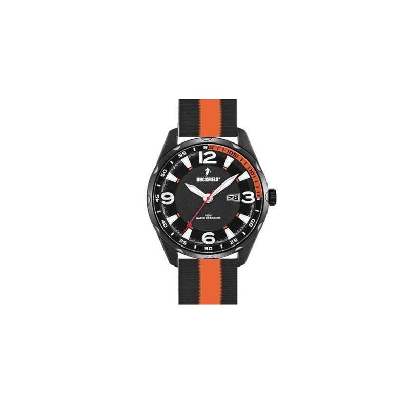 Montre Homme Ruckfield acier noir bracelet en tissu noir et orange
