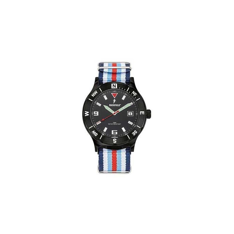Montre Homme Ruckfield acier noir bracelet en tissu bleu blanc et rouge