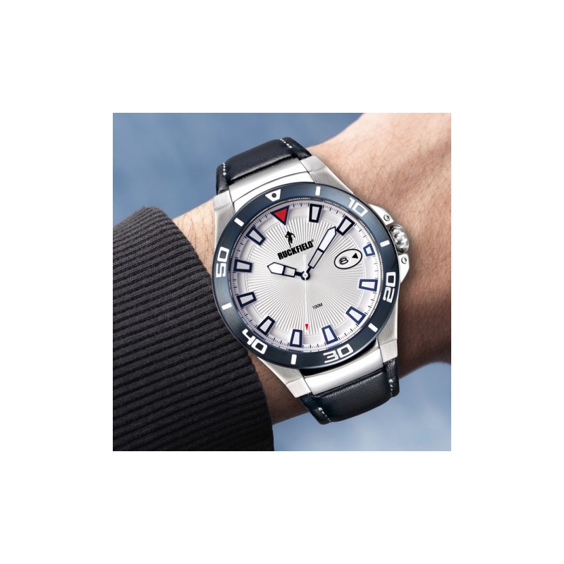 Montre Homme Ruckfield acier gris argent et cuir bleu foncé