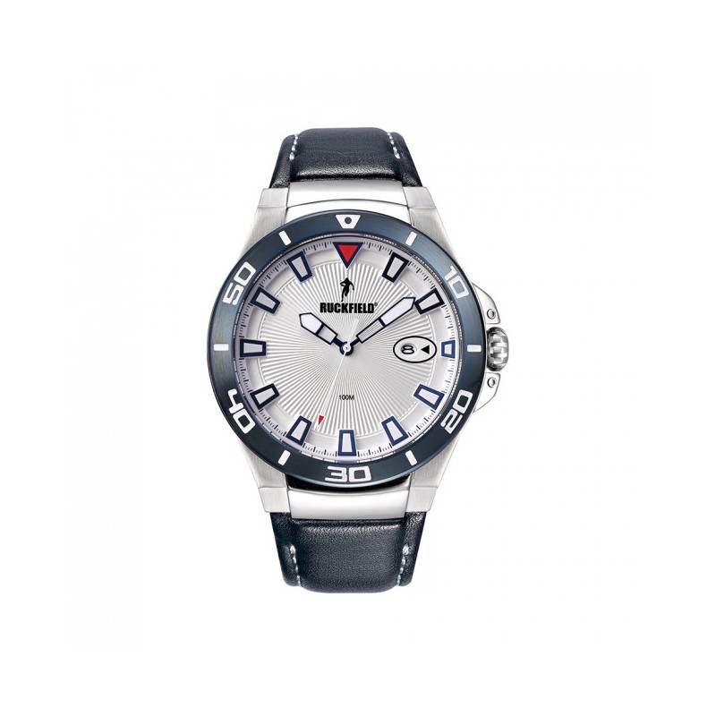 Montre Homme Ruckfield acier gris argent et cuir bleu foncé