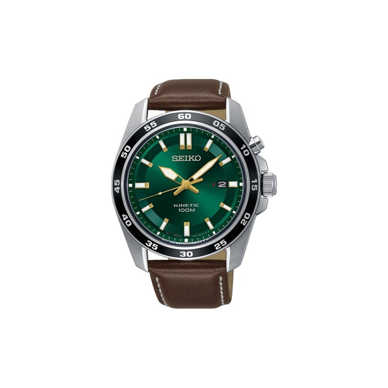 Montre Homme Seiko classique bracelet marron surpiqures blanches cadran vert