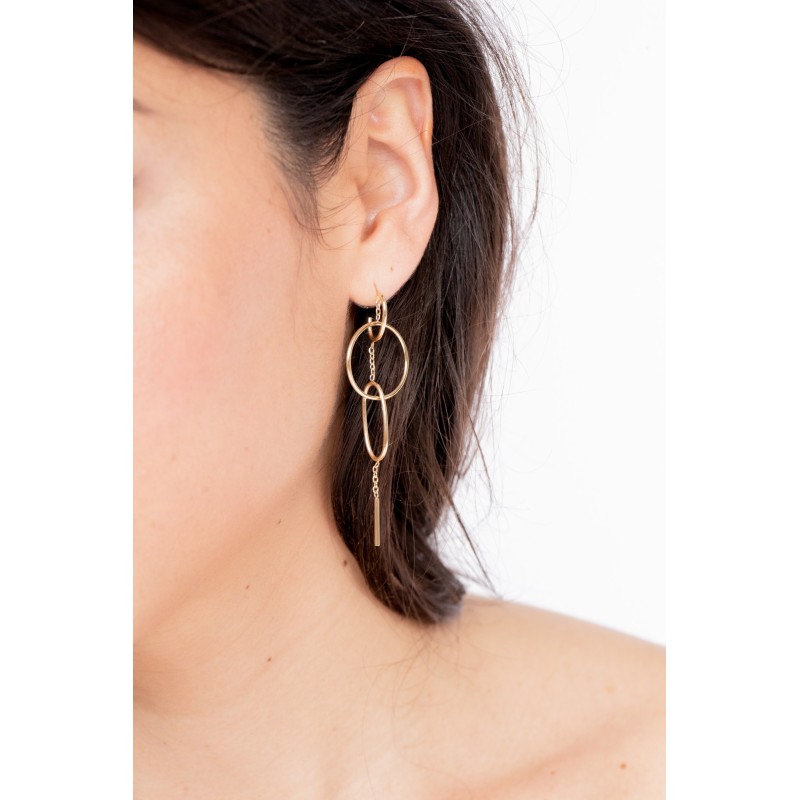 BOUCLES D OREILLES PENDANTES ACIER DORE MULTI CERCLES