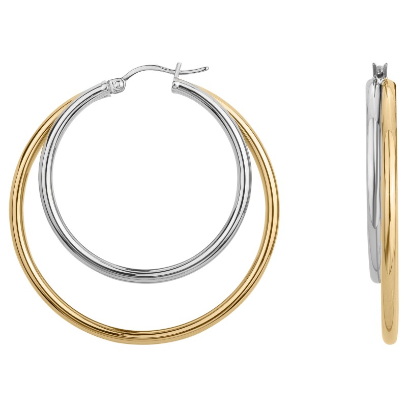 BOUCLES D OREILLES CREOLES DOUBLES CERCLES ACIER BICOLORE