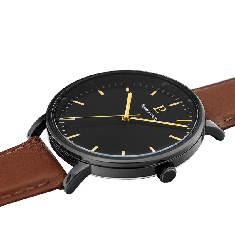 Montre Homme Pierre Lannier ESSENTIAL Cadran Noir Bracelet Cuir Brun