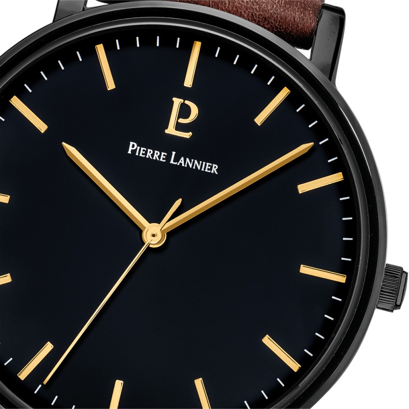 Montre Homme Pierre Lannier ESSENTIAL Cadran Noir Bracelet Cuir Brun