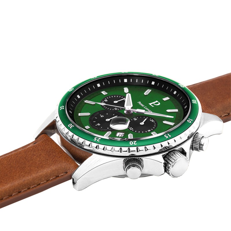 Montre Homme Pierre Lannier CRONOS Cadran Vert Bracelet Cuir Brun