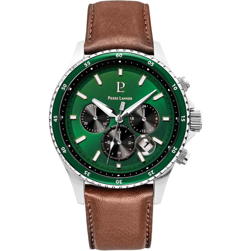 Montre Homme Pierre Lannier CRONOS Cadran Vert Bracelet Cuir Brun