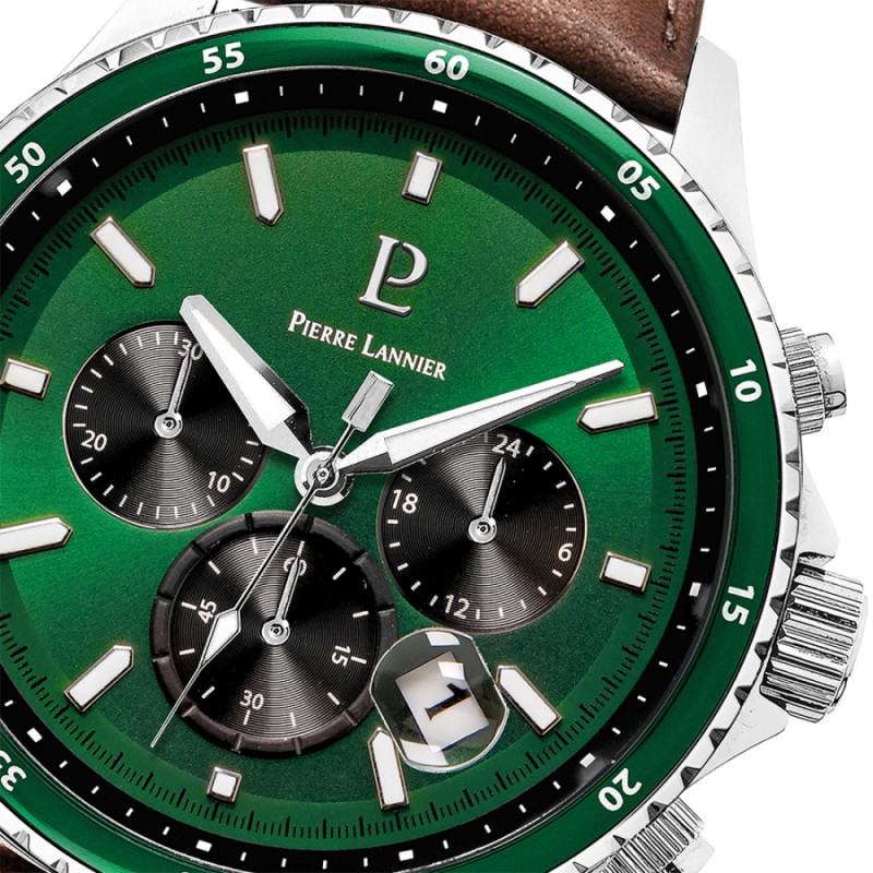Montre Homme Pierre Lannier CRONOS Cadran Vert Bracelet Cuir Brun