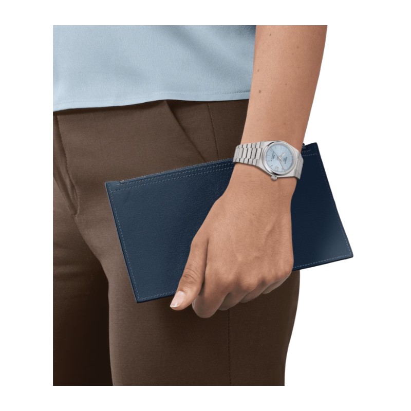 MONTRE FEMME TISSOT PRX POWERMATIC 80 CADRAN BLEU CLAIR MOTIF GAUFRÉ