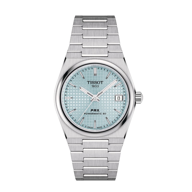 MONTRE FEMME TISSOT PRX POWERMATIC 80 CADRAN BLEU CLAIR MOTIF GAUFRÉ