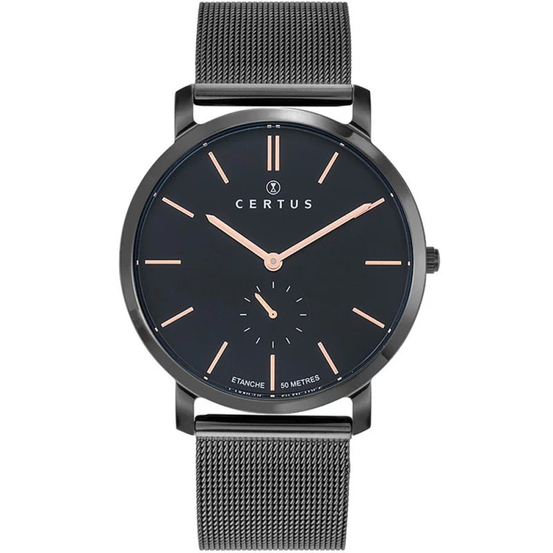 Montre Homme Certus acier noir bracelet milanais index et aiguilles roses
