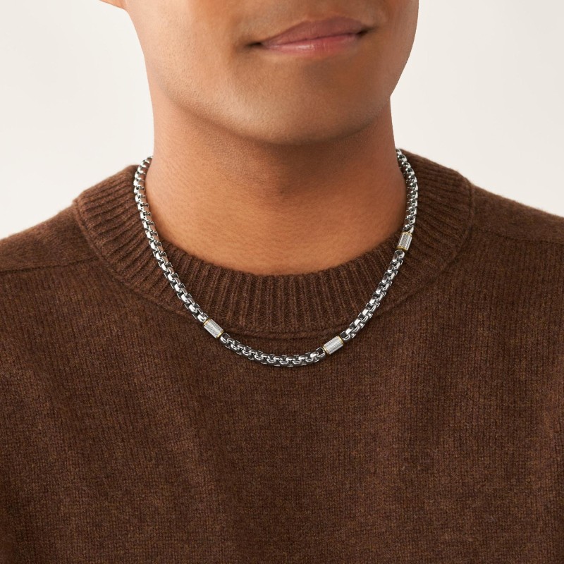 Collier chaîne Fossil All Stacked Up homme en acier bicolore