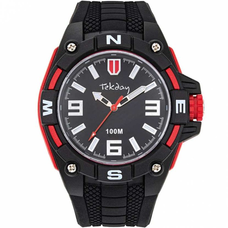Montre Tekday noire en acier et silicone avec détails rouges