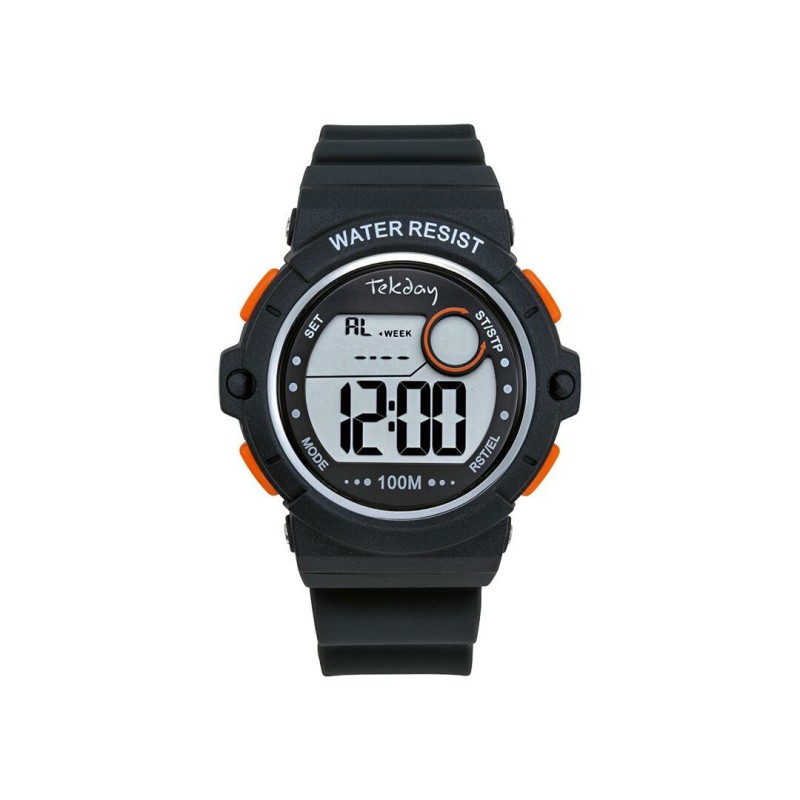 Montre Tekday noire en acier et silicone noir et boutons oranges