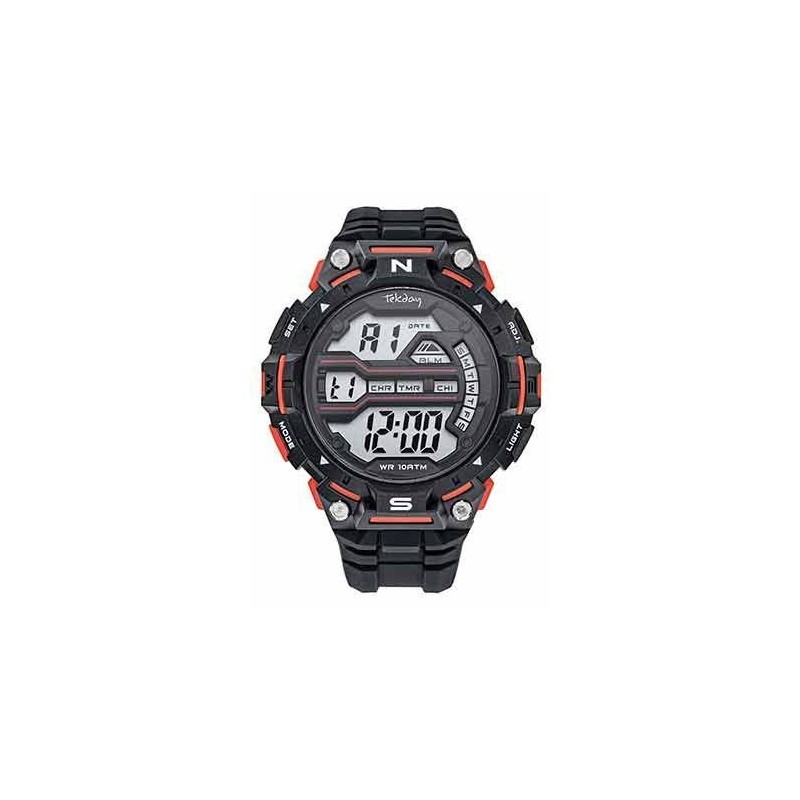 Montre Tekday noire en acier et silicone noir avec détails rouges
