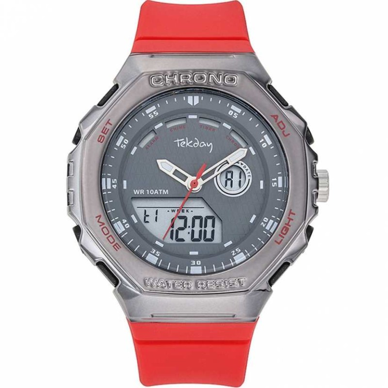 Montre Tekday en acier gris avec bracelet en silicone rouge