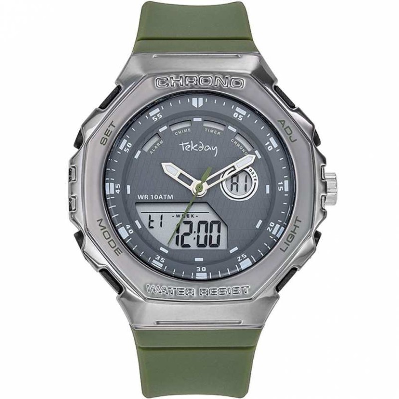 Montre Tekday en acier gris avec bracelet en silicone kaki
