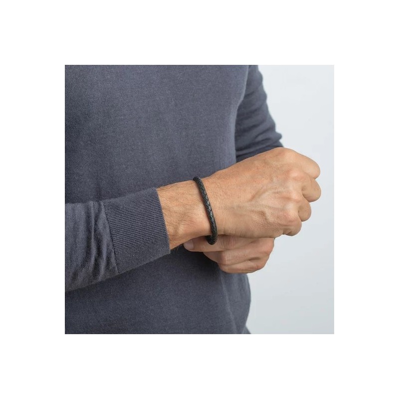 Bracelet Lotus Style homme en cuir et acier argenté