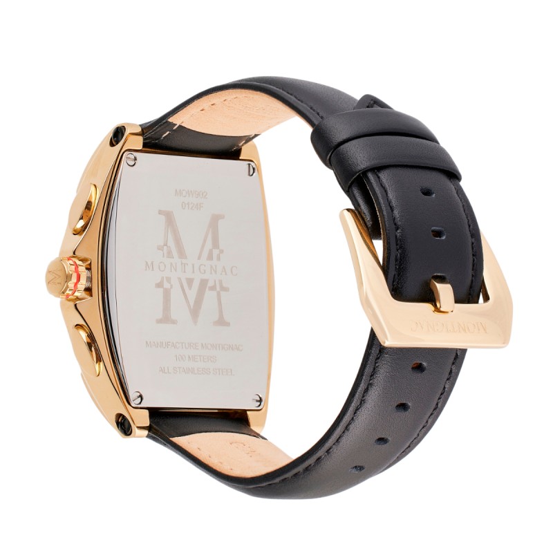 Montre Homme Montignac Tonneau acier doré et cuir noir