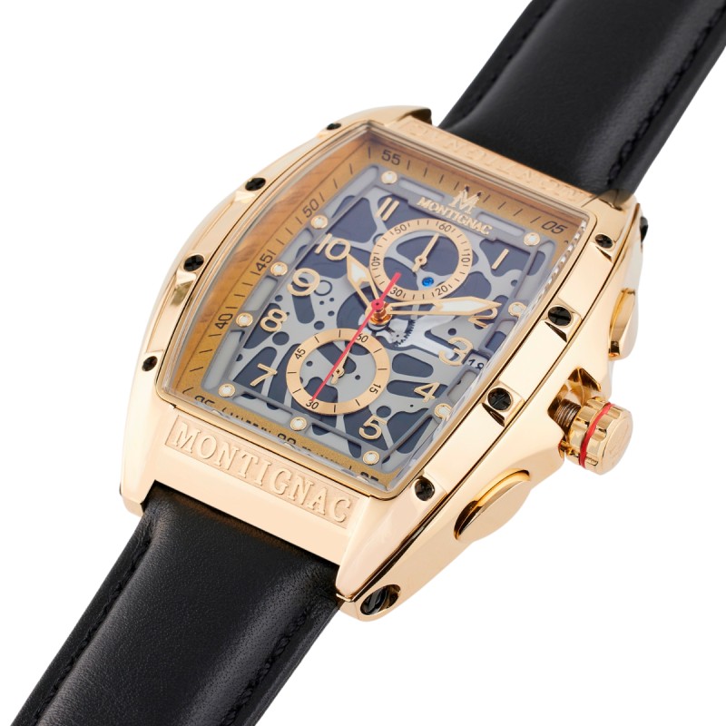 Montre Homme Montignac Tonneau acier doré et cuir noir