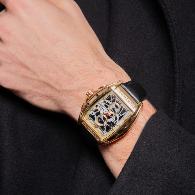 Montre Homme Montignac Tonneau acier doré et cuir noir