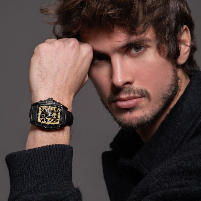 Montre Homme Montignac Tonneau acier et cuir noir