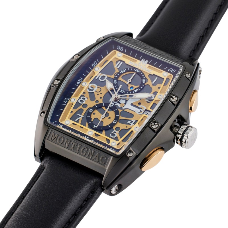 Montre Homme Montignac Tonneau acier et cuir noir