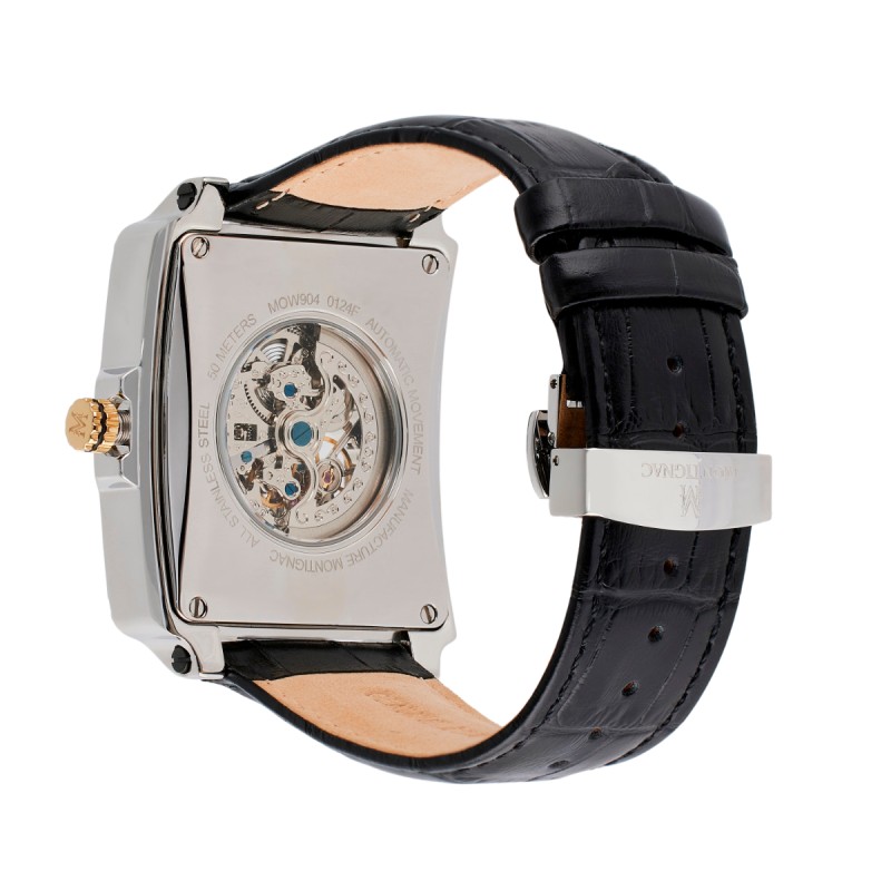 Montre Montignac automatique boitier rectangle bracelet en cuir noir