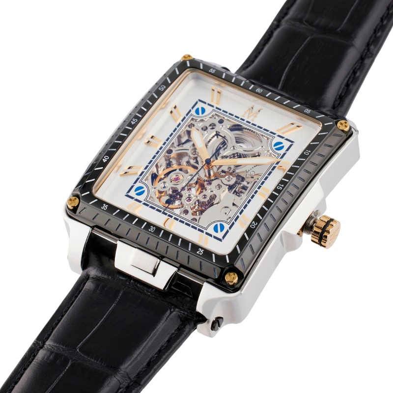 Montre Montignac automatique boitier rectangle bracelet en cuir noir