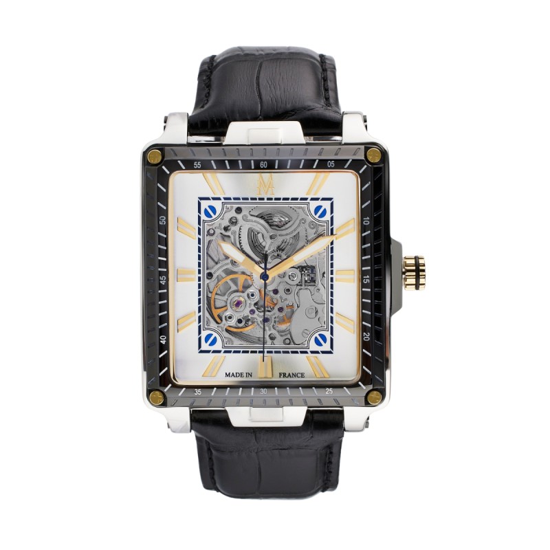 Montre Montignac automatique boitier rectangle bracelet en cuir noir