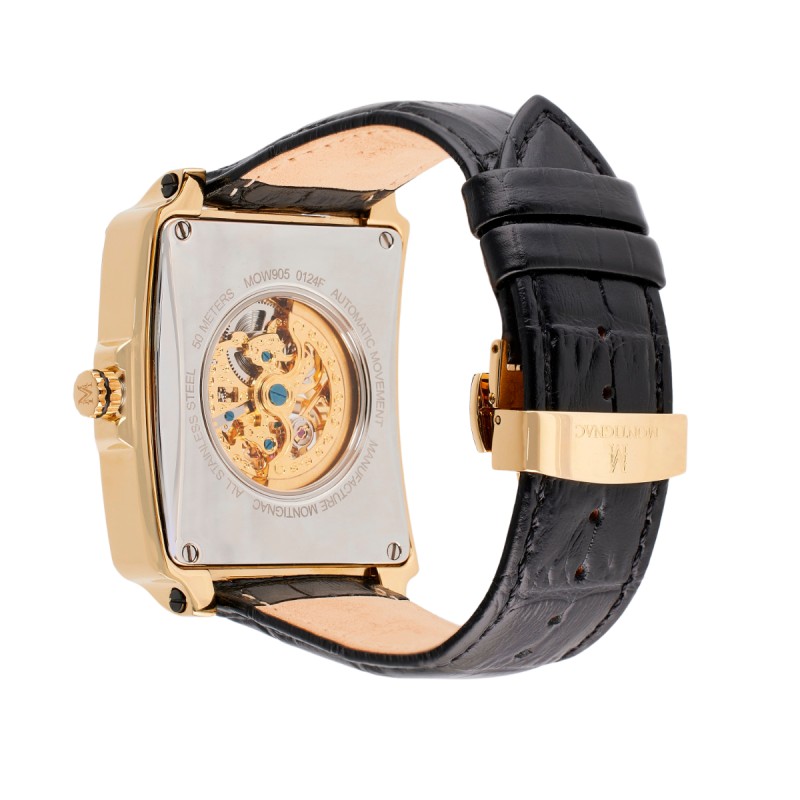 Montre Montignac automatique boitier rectangle bracelet en cuir noir