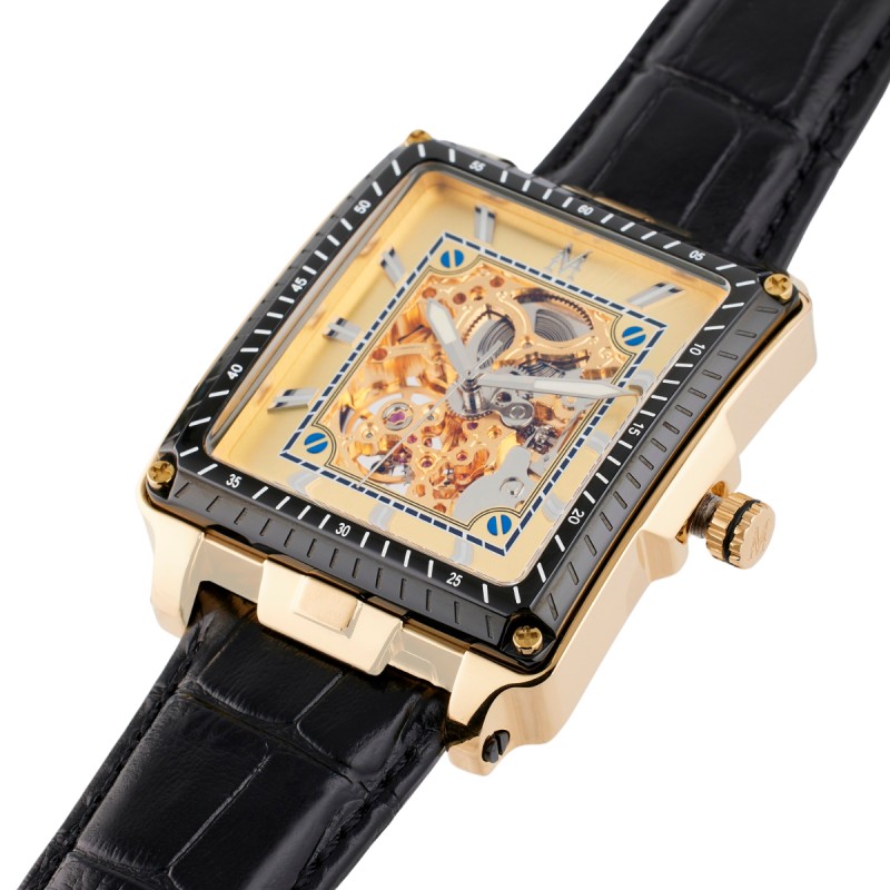 Montre Montignac automatique boitier rectangle bracelet en cuir noir