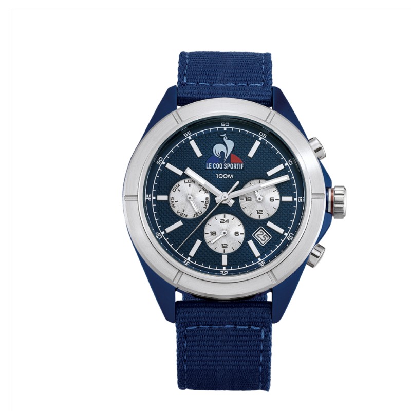 MONTRE HOMME LE COQ SPORTIF BRACELET CUIR BLEU CHRONO DATEUR