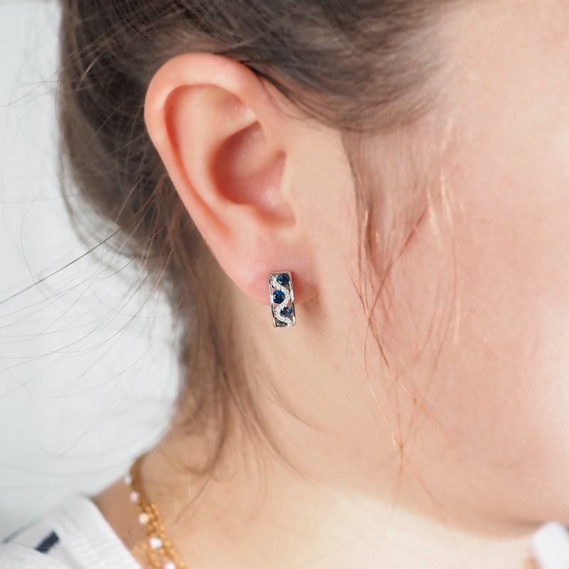 Boucles d'oreilles Carador cliquets or blanc 750/000, saphirs et diamants