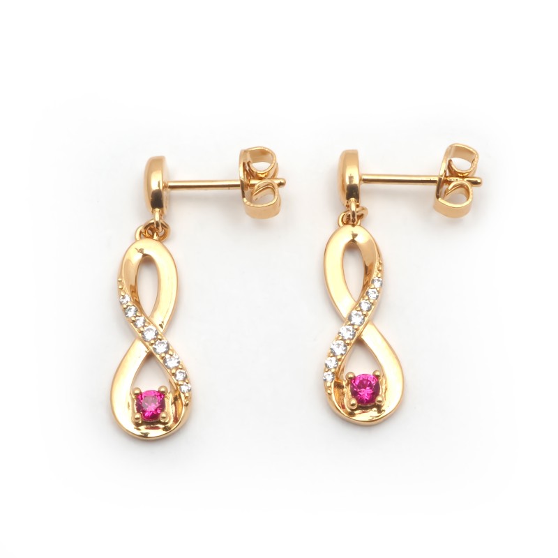 Boucles d'oreilles pendantes femme plaqué or avec oxydes de zirconium et pierres rouges