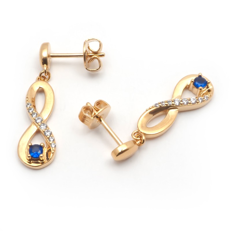 Boucles d'oreilles pendantes femme plaqué or avec oxydes de zirconium et pierres bleues